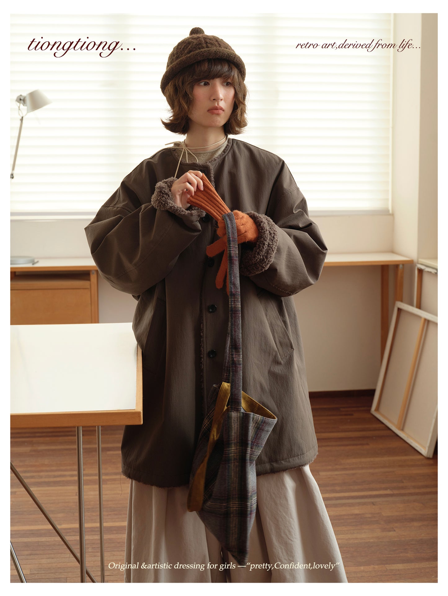 △裏地はたっぷりボアで暖か ドロップショルダーゆったり ノーカラーコート△