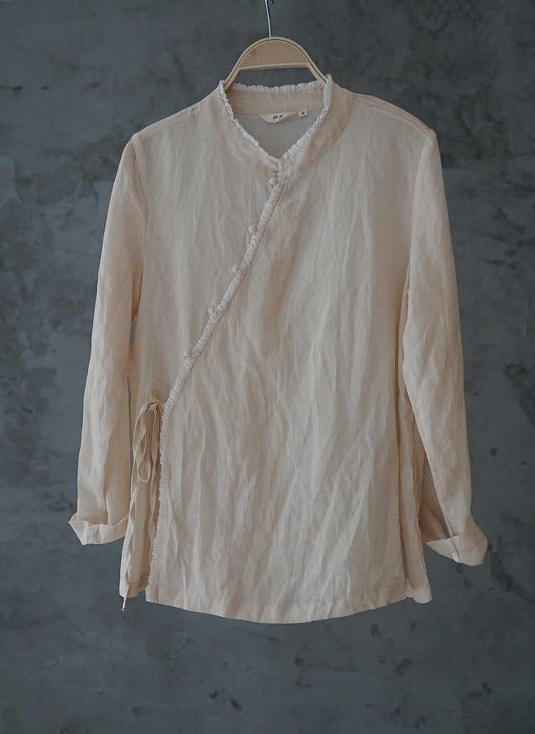 ◇控えめなフリルネックで品のあるシックなアジアンスタイル◇ラップラミーシャツ◇