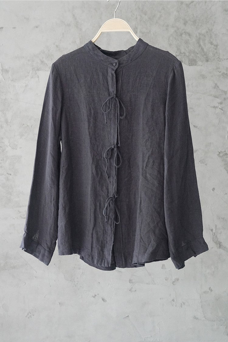△リネン スタンドカラー ストリングス シャツ▽