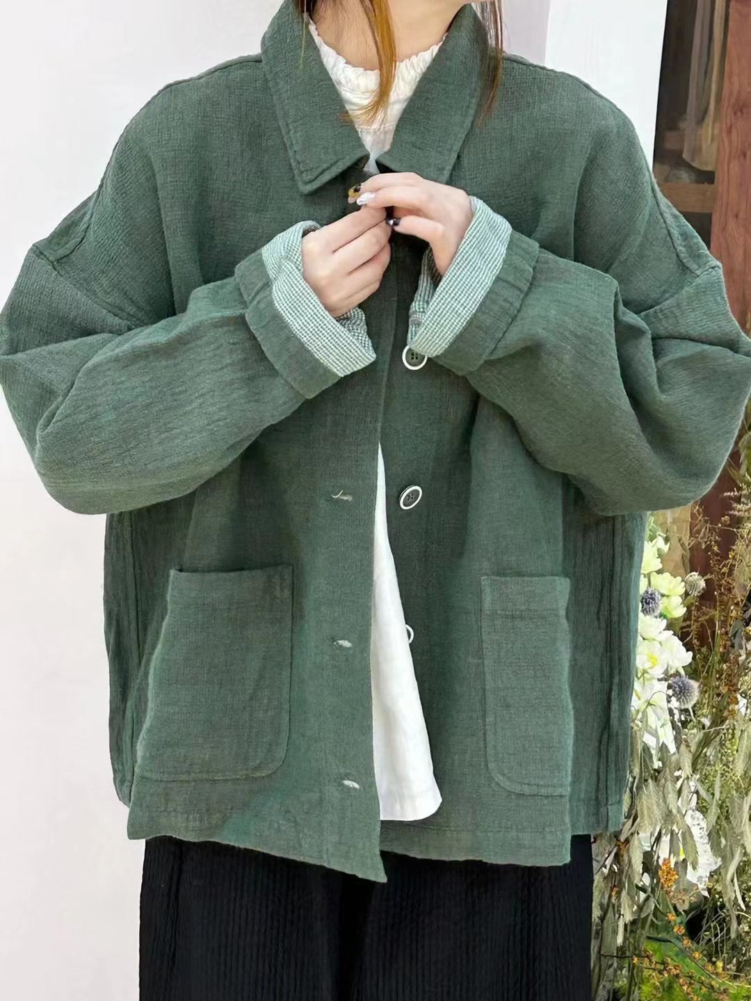 2色展開◇ドロップショルダー リネン ショートジャケット◇ 裏地付き