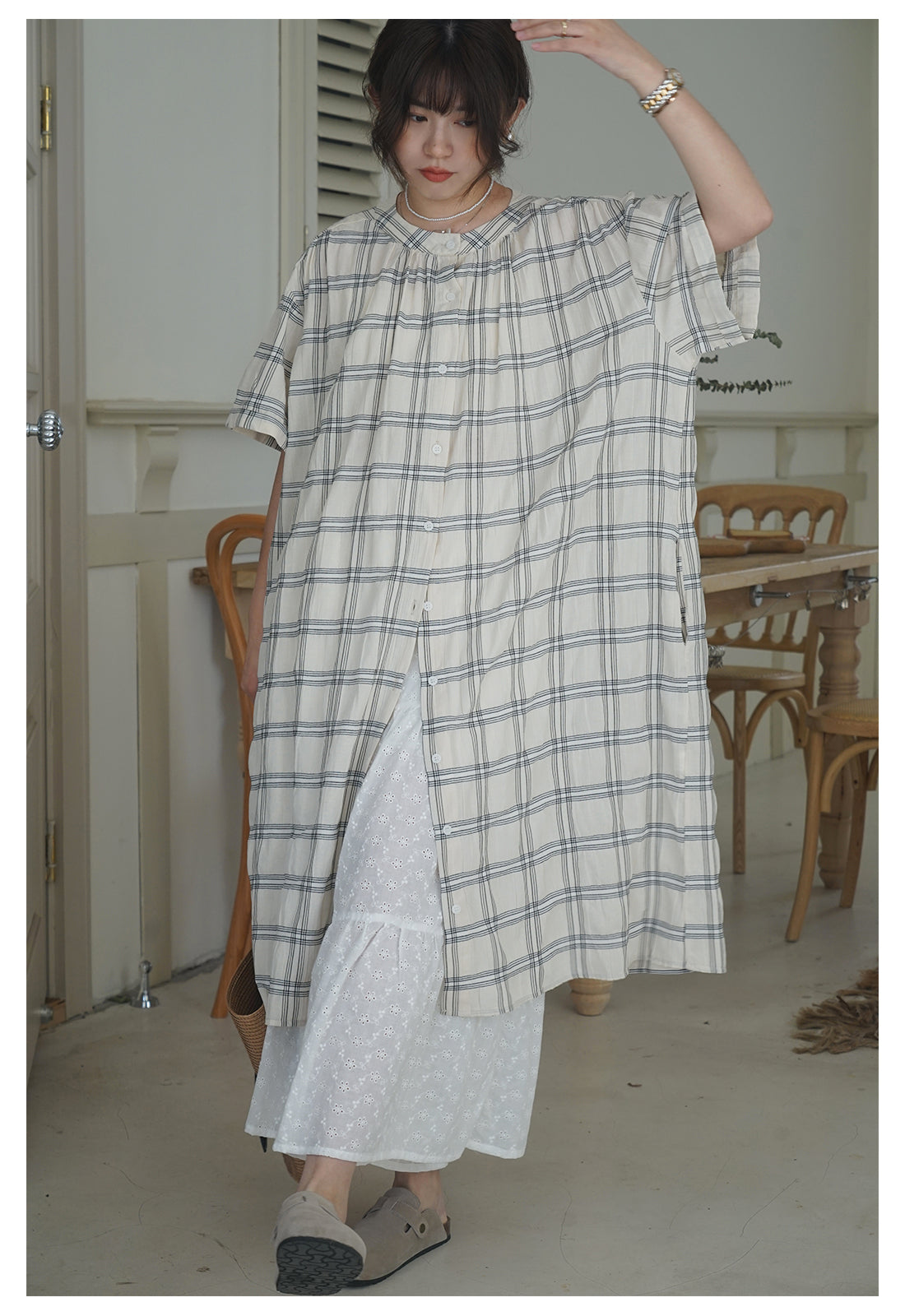 ◇コットンガーゼゆったりシルエット前開き開き ウィンドウペン柄ワンピース◇