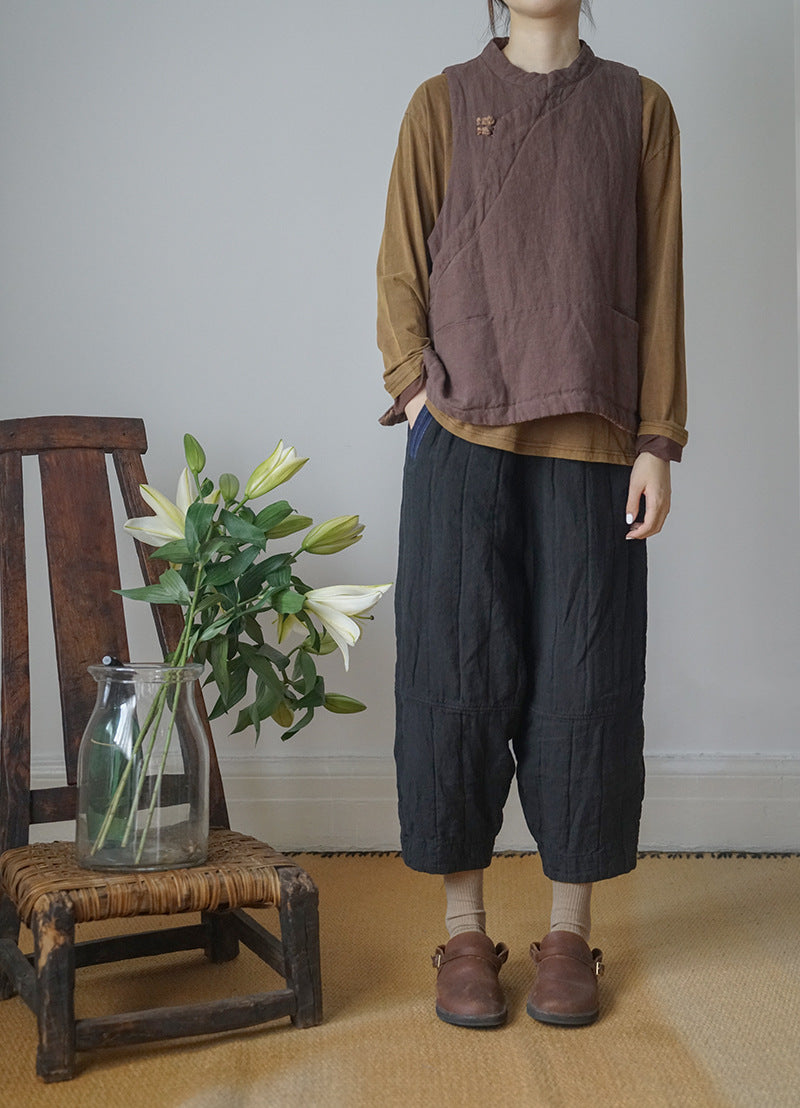 2色展開◇裏地&切替え◇程良いバルーンシルエット◇リネン9部丈 中綿イージーパンツ◇