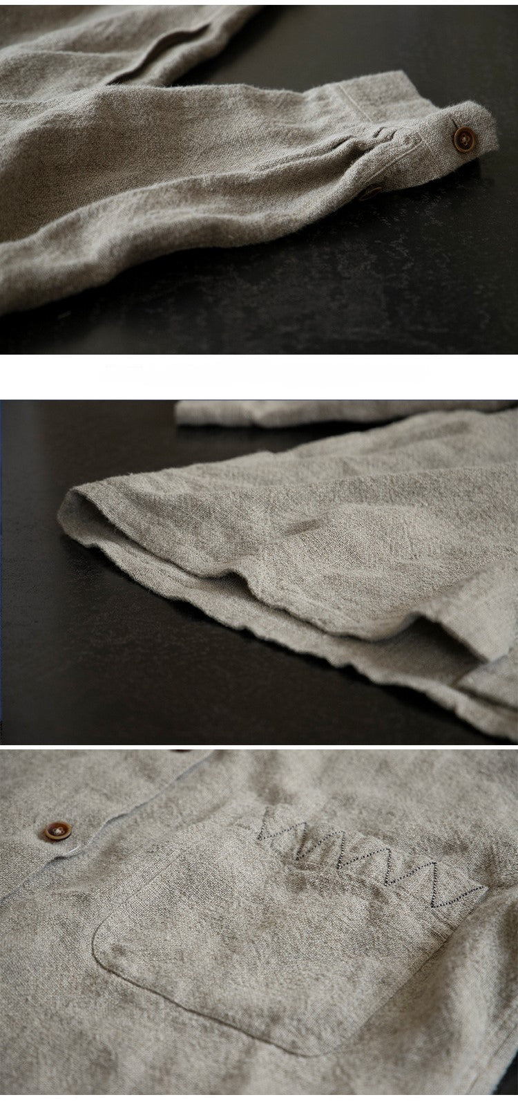 表情豊かなリネンに胸のステッチがポイント◇ドロップショルダーリネンバンドカラーシャツ◇