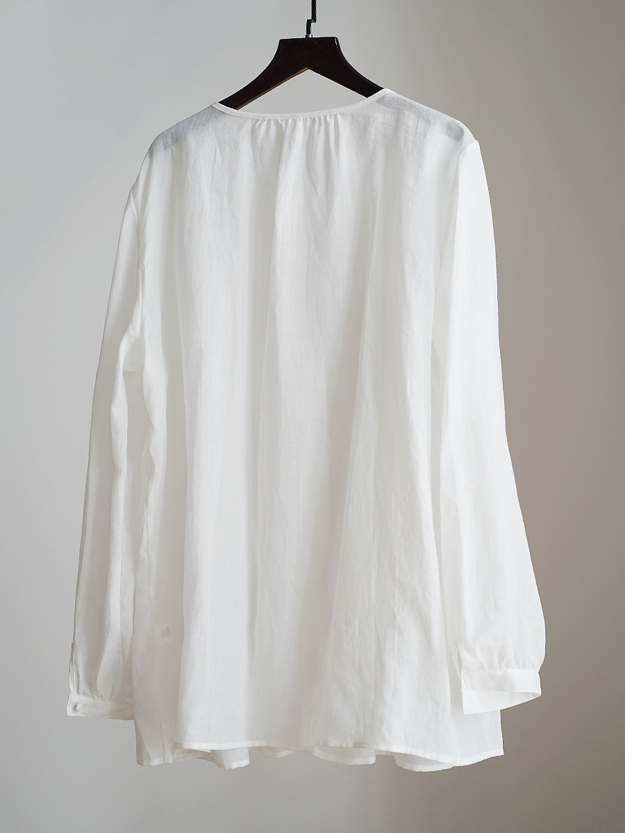 2色展開◇身幅ゆったりシルエット◇くるみボタンによる装飾が可愛いラミーギャザーシャツ◇