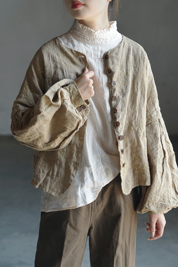 3色展開△ボタニック同色刺繍がエレガント▽リネンノーカラードロップショルダージャケット△裏地付き