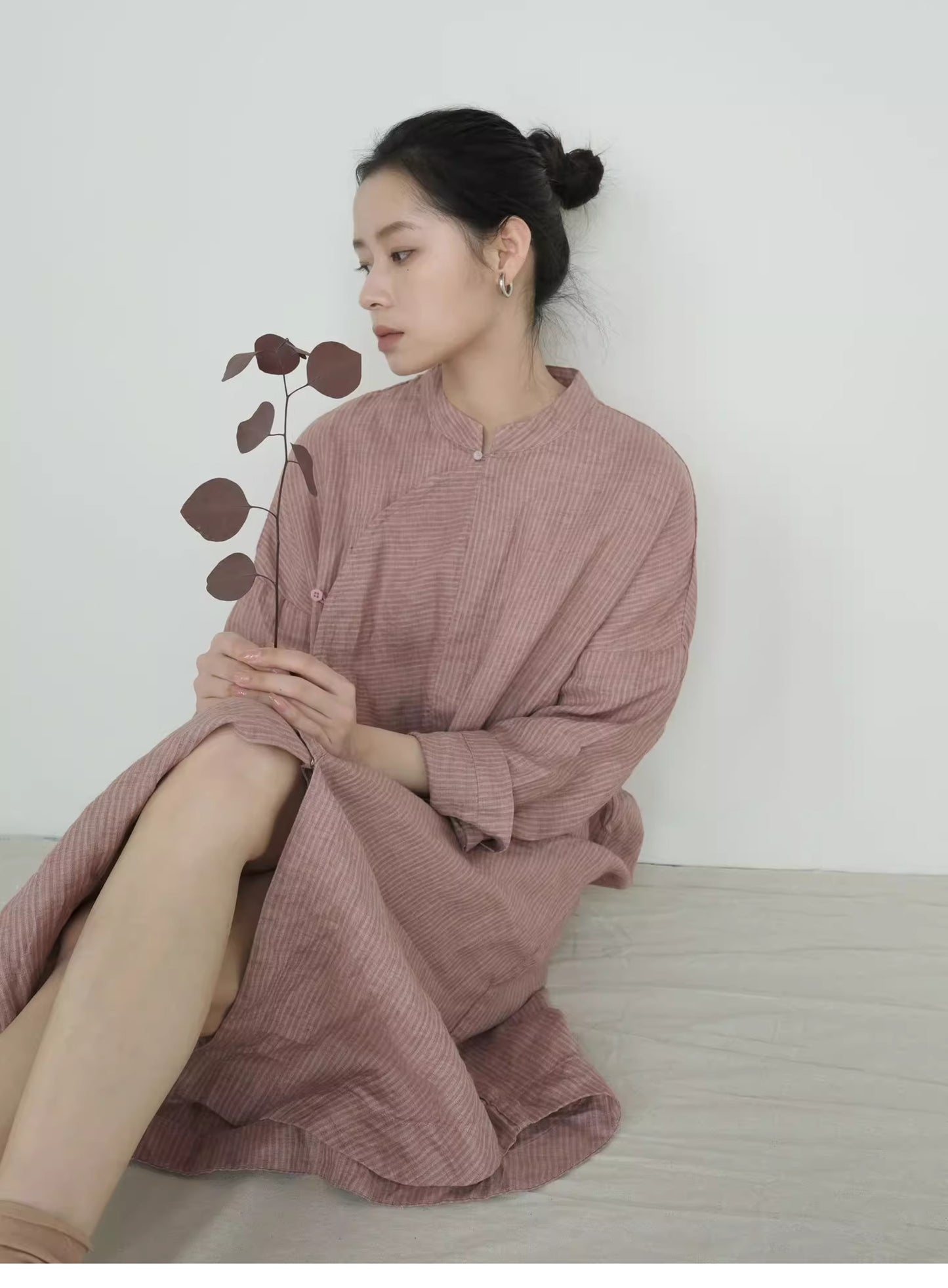 2色展開◇絶妙な色味のリネンストライプ◇オリエンタルデザイン ゆったりシルエット ロングスリーブ ワンピース◇