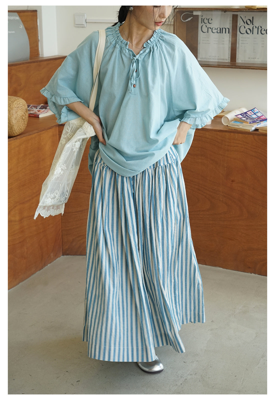 2色展開◇コットン ストライプ イージーロングスカート◇