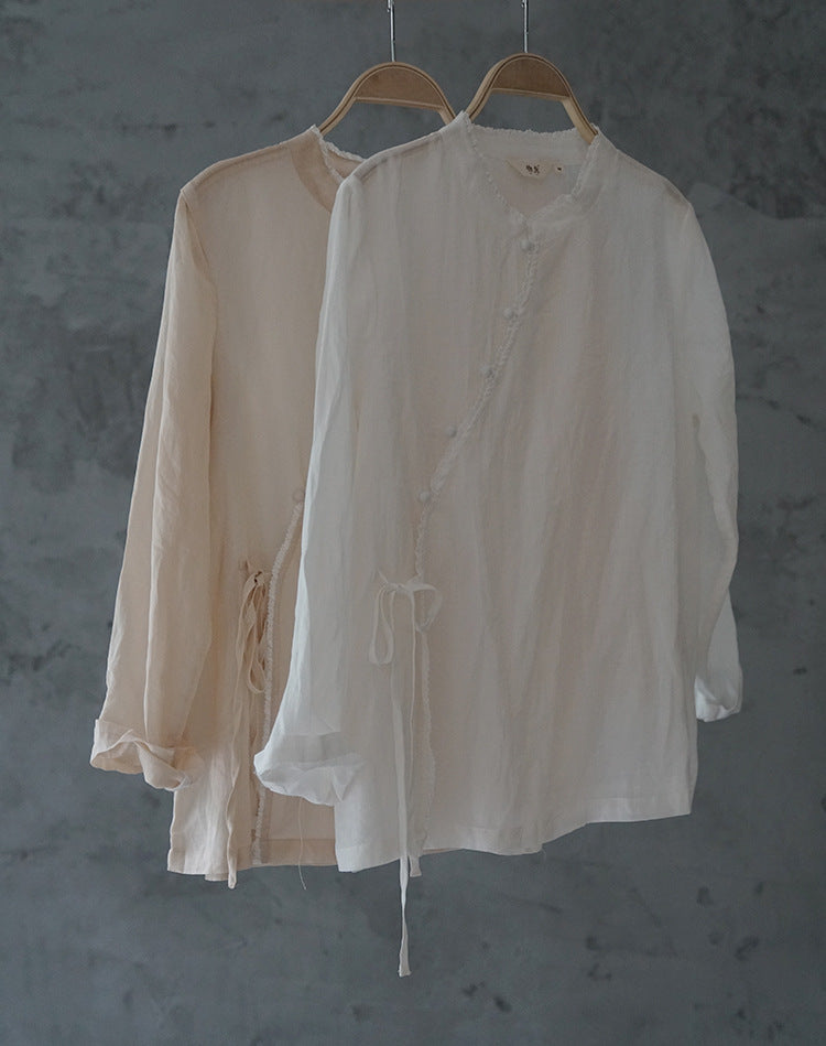 ◇控えめなフリルネックで品のあるシックなアジアンスタイル◇ラップラミーシャツ◇