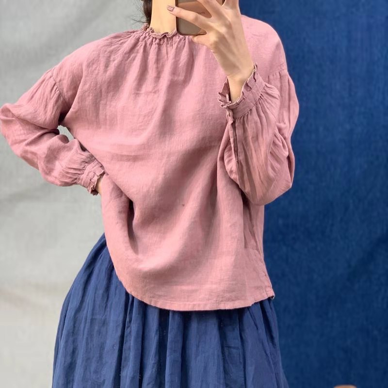 ３色展開◇控えめなフリルネックが上品に◇春の色味 リネン プルオーバーシャツ◇