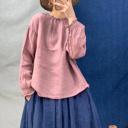 ３色展開◇控えめなフリルネックが上品に◇春の色味 リネン プルオーバーシャツ◇