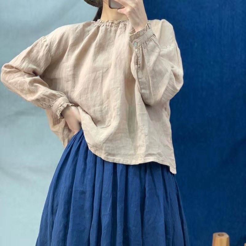 ３色展開◇控えめなフリルネックが上品に◇春の色味 リネン プルオーバーシャツ◇