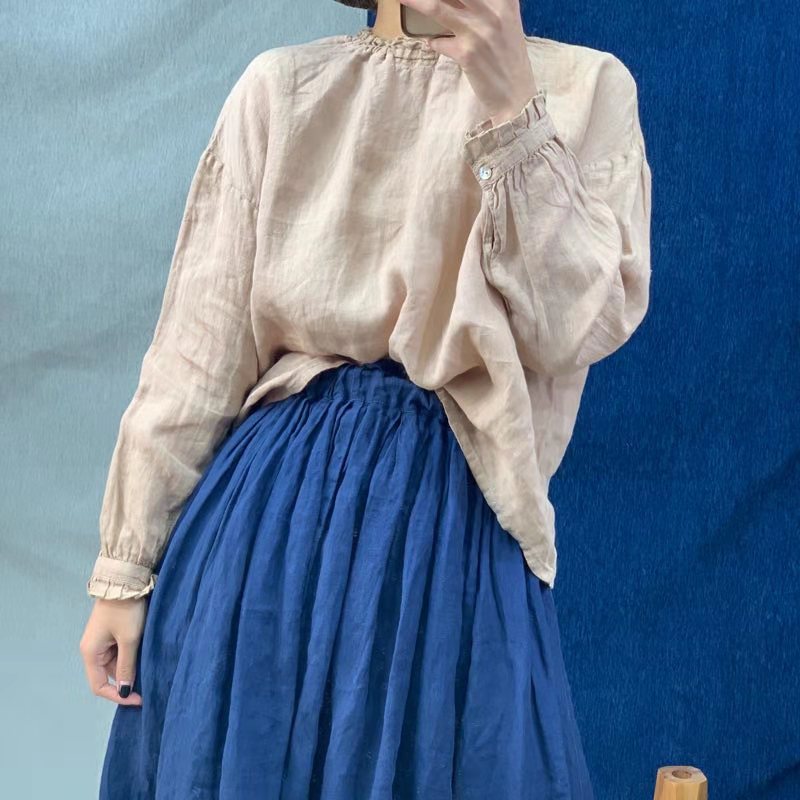 ３色展開◇控えめなフリルネックが上品に◇春の色味 リネン プルオーバーシャツ◇