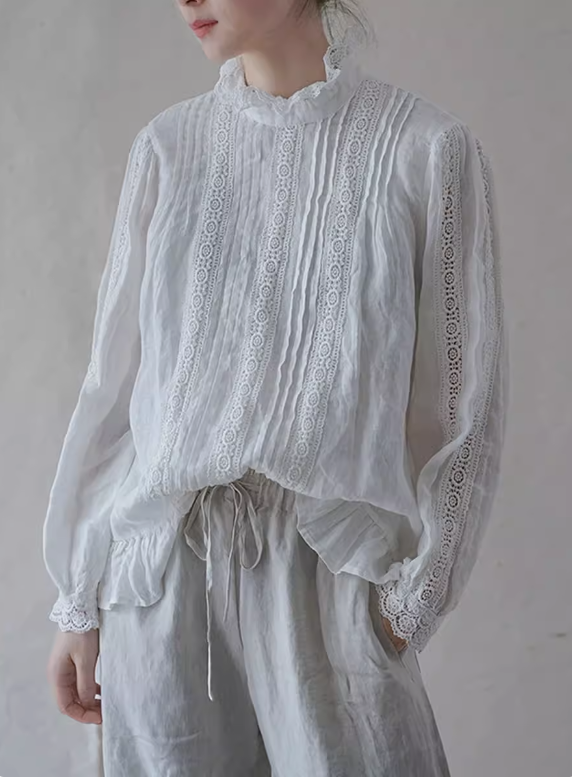 2色展開◇レース＆ピンタック リネン フリルネック ブラウス◇ 美品