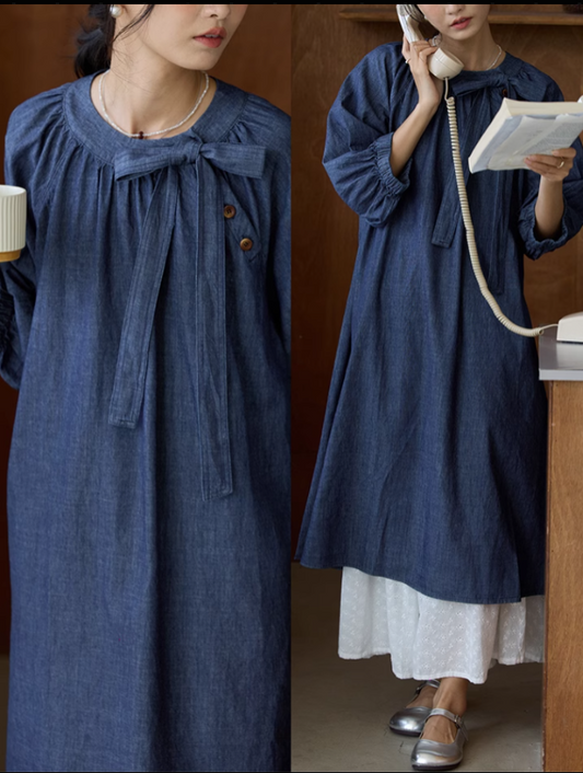 ◇ゆったりシルエット ラグランスリーブ デニム リボン ワンピース◇