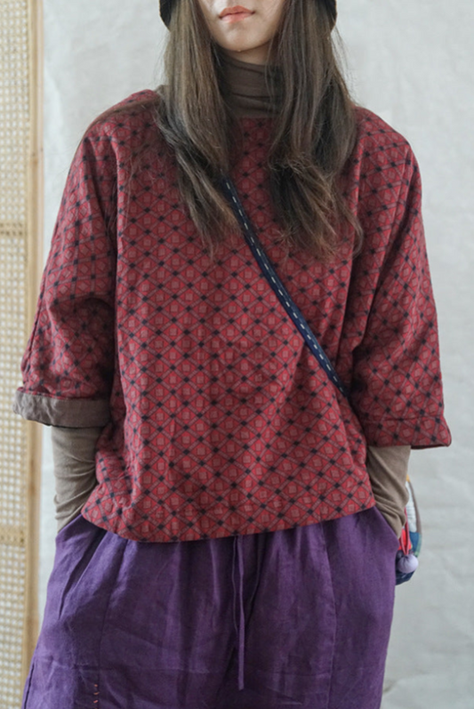 5色展開◇美しいオリエンタルプリント コットンうっすら中綿入りで保温性もある◇総柄ドロップショルダープルオーバー◆