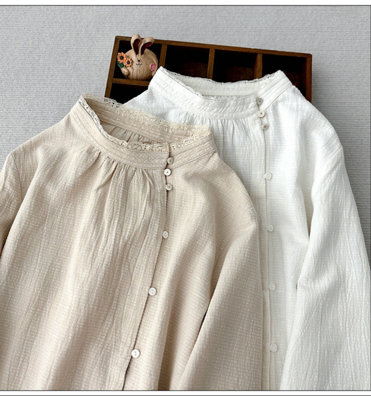 ３色展開◇控えめなフリルネックで品のあるデザイン◇ラミーコットンシャツ◇