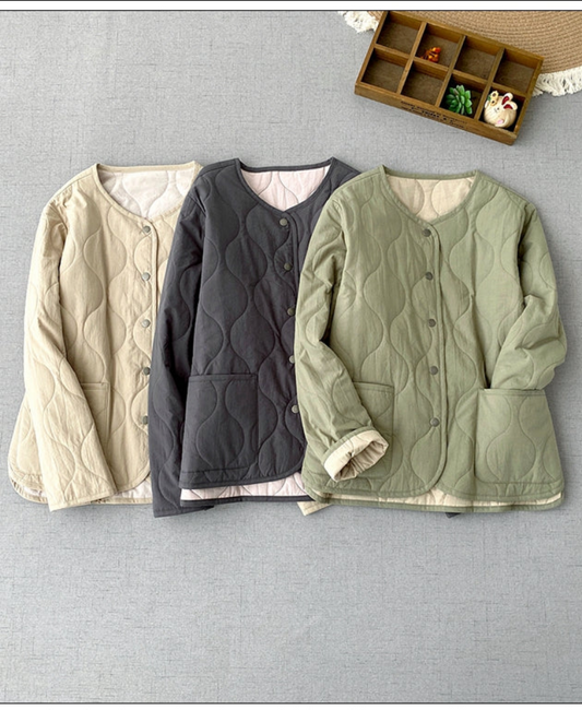 3色展開◇秋冬に大活躍◇キルティングコットン中綿 ノーカラーライナージャケット◇