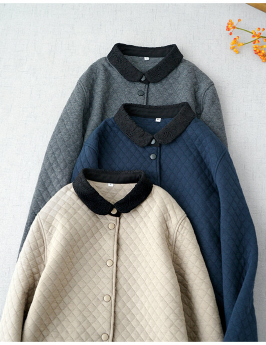 3色展開◇秋冬に大活躍◇レースカラー ドロップショルダー キルティングコットン中綿 ロングコート◇