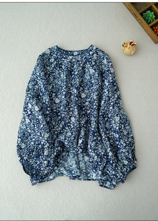 ◇控えめな小花柄で品のあるデザイン◇ラミーシャツ◇長袖/5部丈