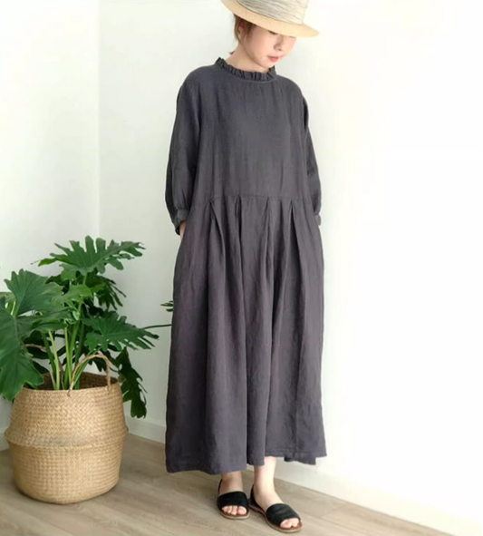 ◇フリルネックウエストタック リネン ロングドレス◇グレー