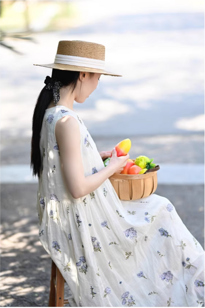 ◇ウエストギャザー 花柄刺繍 ラミーノースリーブ ワンピース◇