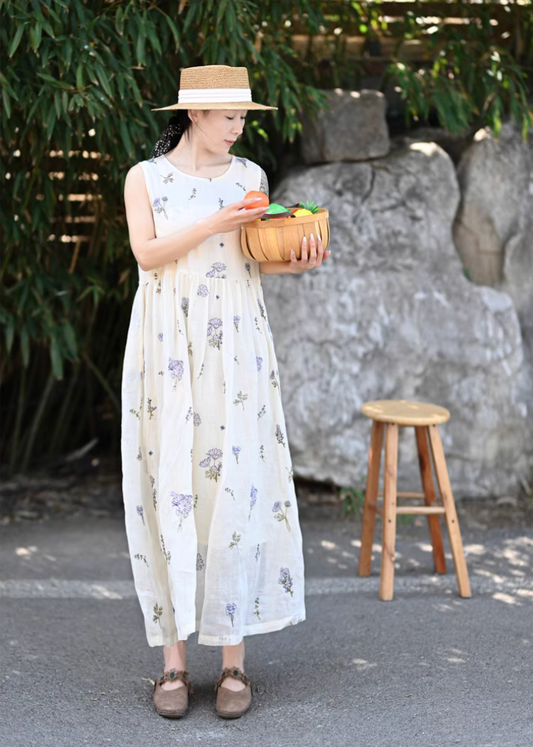 ◇ウエストギャザー 花柄刺繍 ラミーノースリーブ ワンピース◇
