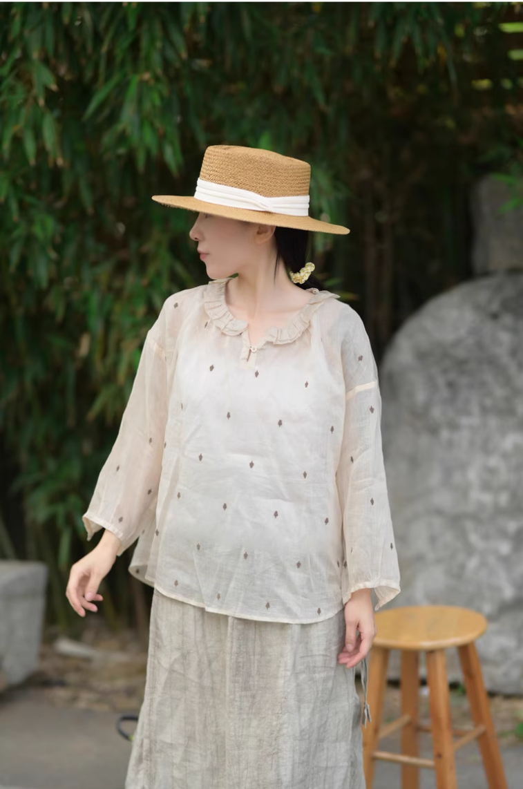 ✩フリルネック ラミー 刺繍 ドロップショルダーシャツ✩S/M/L