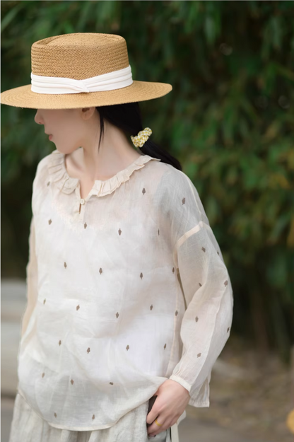 ✩フリルネック ラミー 刺繍 ドロップショルダーシャツ✩S/M/L