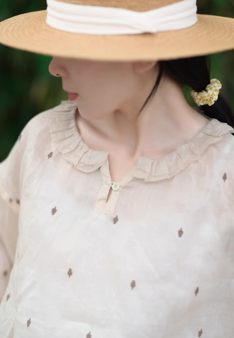 ✩フリルネック ラミー 刺繍 ドロップショルダーシャツ✩S/M/L