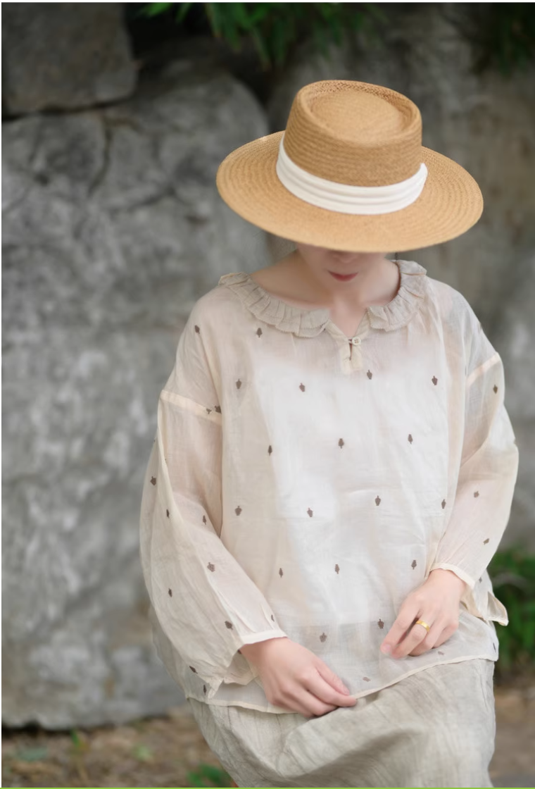 ✩フリルネック ラミー 刺繍 ドロップショルダーシャツ✩S/M/L