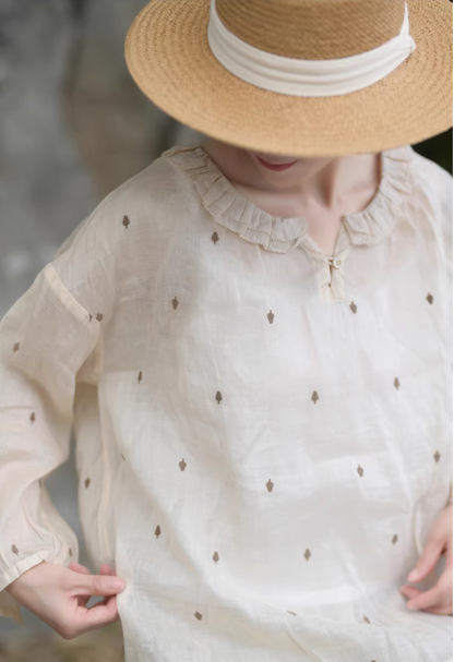 ✩フリルネック ラミー 刺繍 ドロップショルダーシャツ✩S/M/L