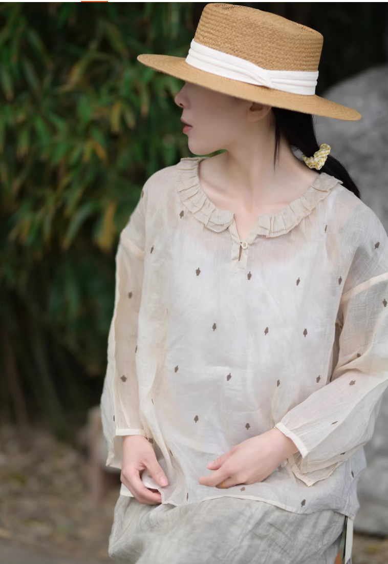 ✩フリルネック ラミー 刺繍 ドロップショルダーシャツ✩S/M/L