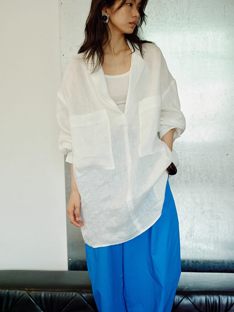 ◇リネン ドロップショルダー スキッパーブラウス◇ M/Lサイズ
