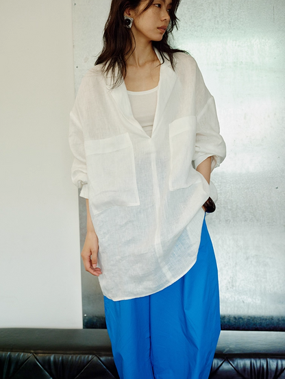 ◇リネン ドロップショルダー スキッパーブラウス◇ M/Lサイズ