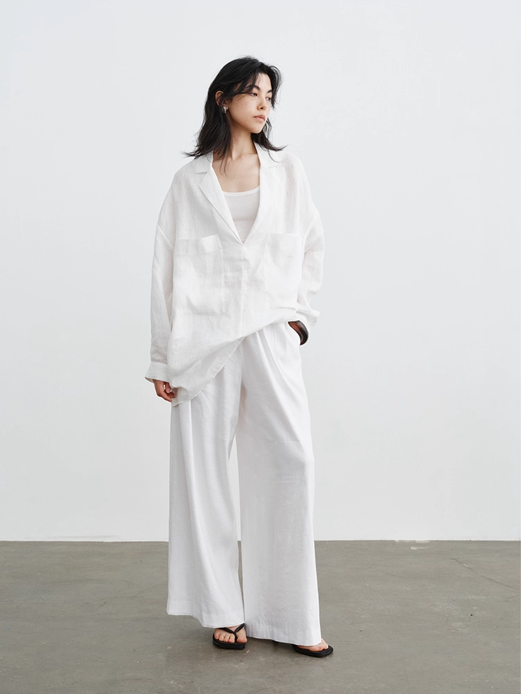 ◇リネン ドロップショルダー スキッパーブラウス◇ M/Lサイズ
