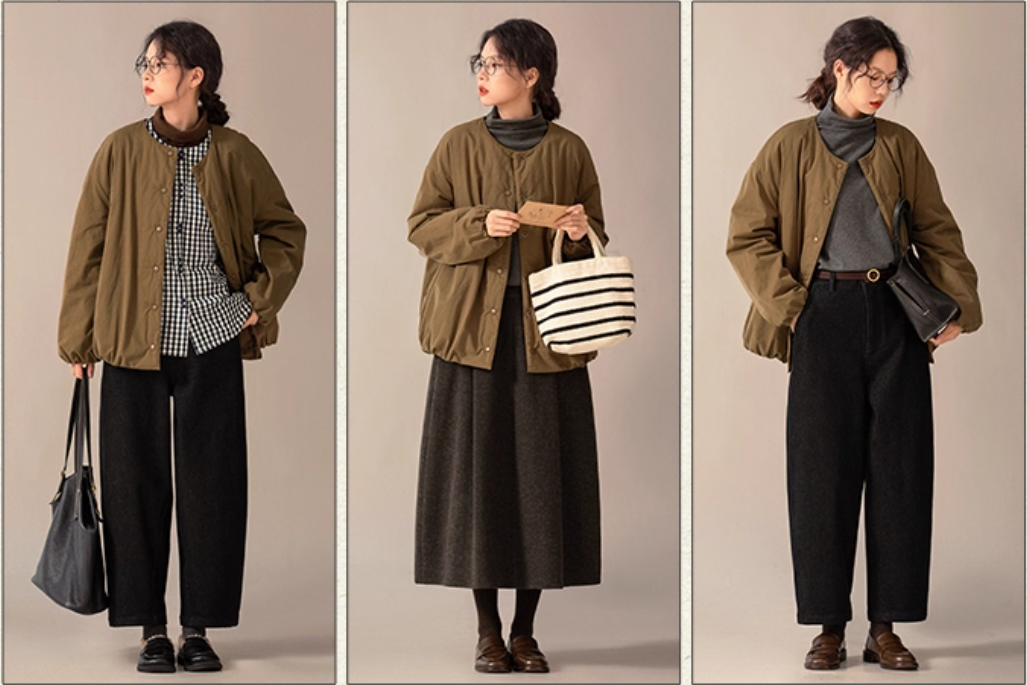 取り外し可能な衿付きで2WAYスタイル◇うっすら中綿入り◇コットン ドロップショルダーパフブルゾンジャケット△裏地付き S/Mサイズ