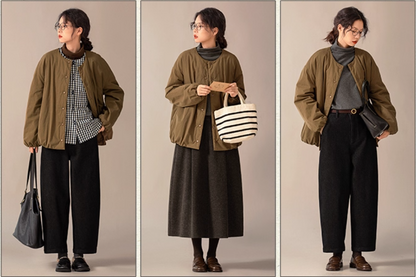 取り外し可能な衿付きで2WAYスタイル◇うっすら中綿入り◇コットン ドロップショルダーパフブルゾンジャケット△裏地付き S/Mサイズ