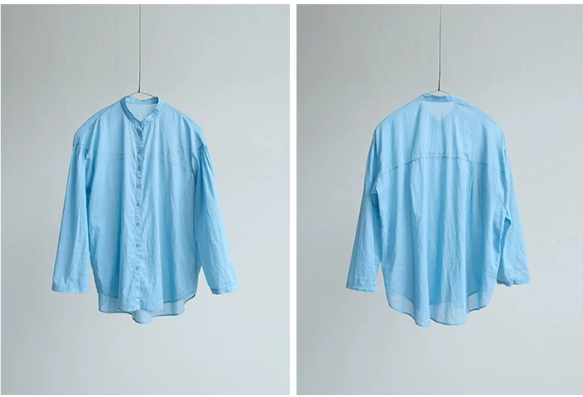 爽やかなライトブルー◇コットンドロップショルダー ゆったりシルエットバンドカラーシャツ◇ S/M/Lサイズ