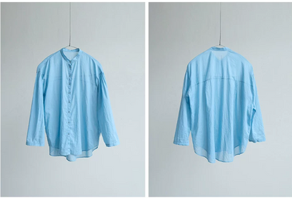 爽やかなライトブルー◇コットンドロップショルダー ゆったりシルエットバンドカラーシャツ◇ S/M/Lサイズ