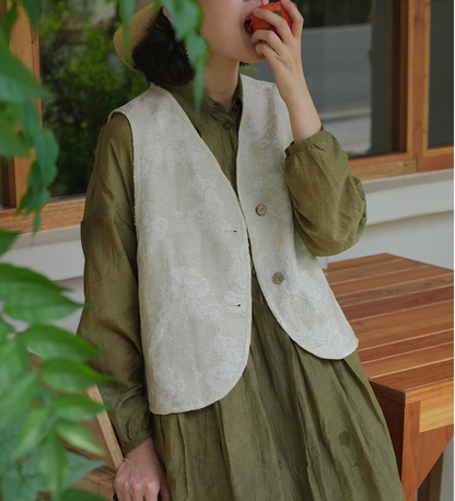 ☆花柄ジャガードが美しい☆2つボタンリネンコットンベスト☆S/M/L