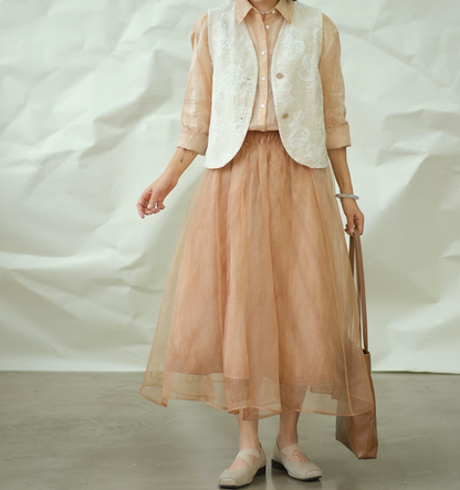 ☆花柄ジャガードが美しい☆2つボタンリネンコットンベスト☆S/M/L