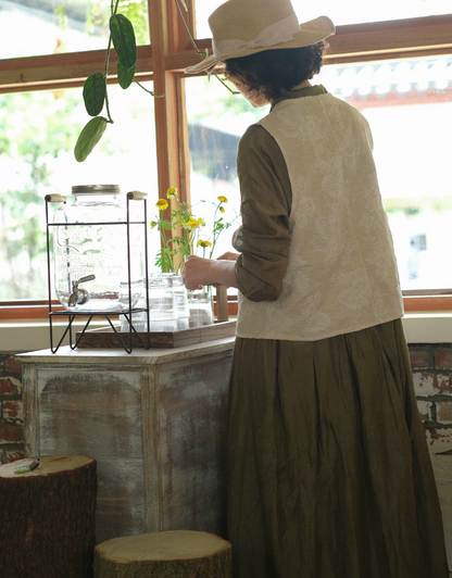 ☆花柄ジャガードが美しい☆2つボタンリネンコットンベスト☆S/M/L