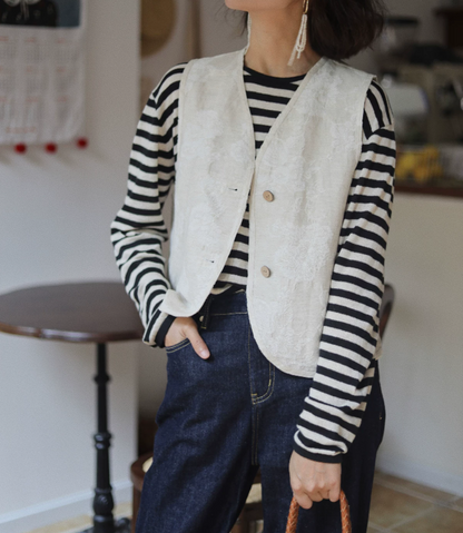 ☆花柄ジャガードが美しい☆2つボタンリネンコットンベスト☆S/M/L