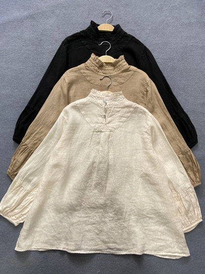 ◇3色展開◇フリルネックリネン バックボタン ブラウス◇