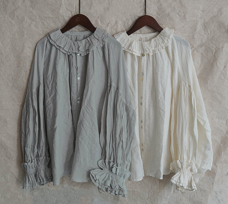 ✩2色展開✩ゆったりシルエット✩フリルネックリネン バックボタン ブラウス✩
