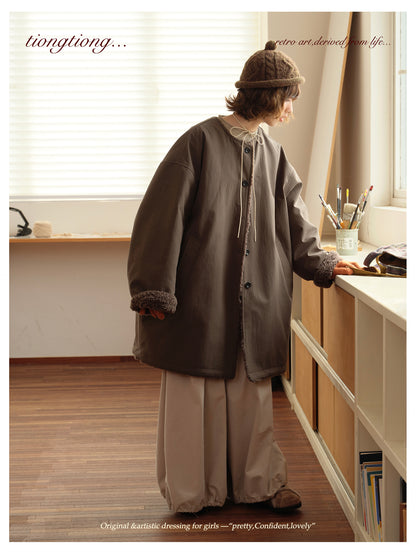 △裏地はたっぷりボアで暖か ドロップショルダーゆったり  ノーカラーコート△