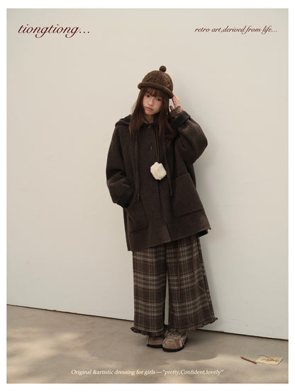 3色展開◇ダブルフェイス カシミア×メリノウールで暖かドロップショルダーゆったり フーディーコート◇