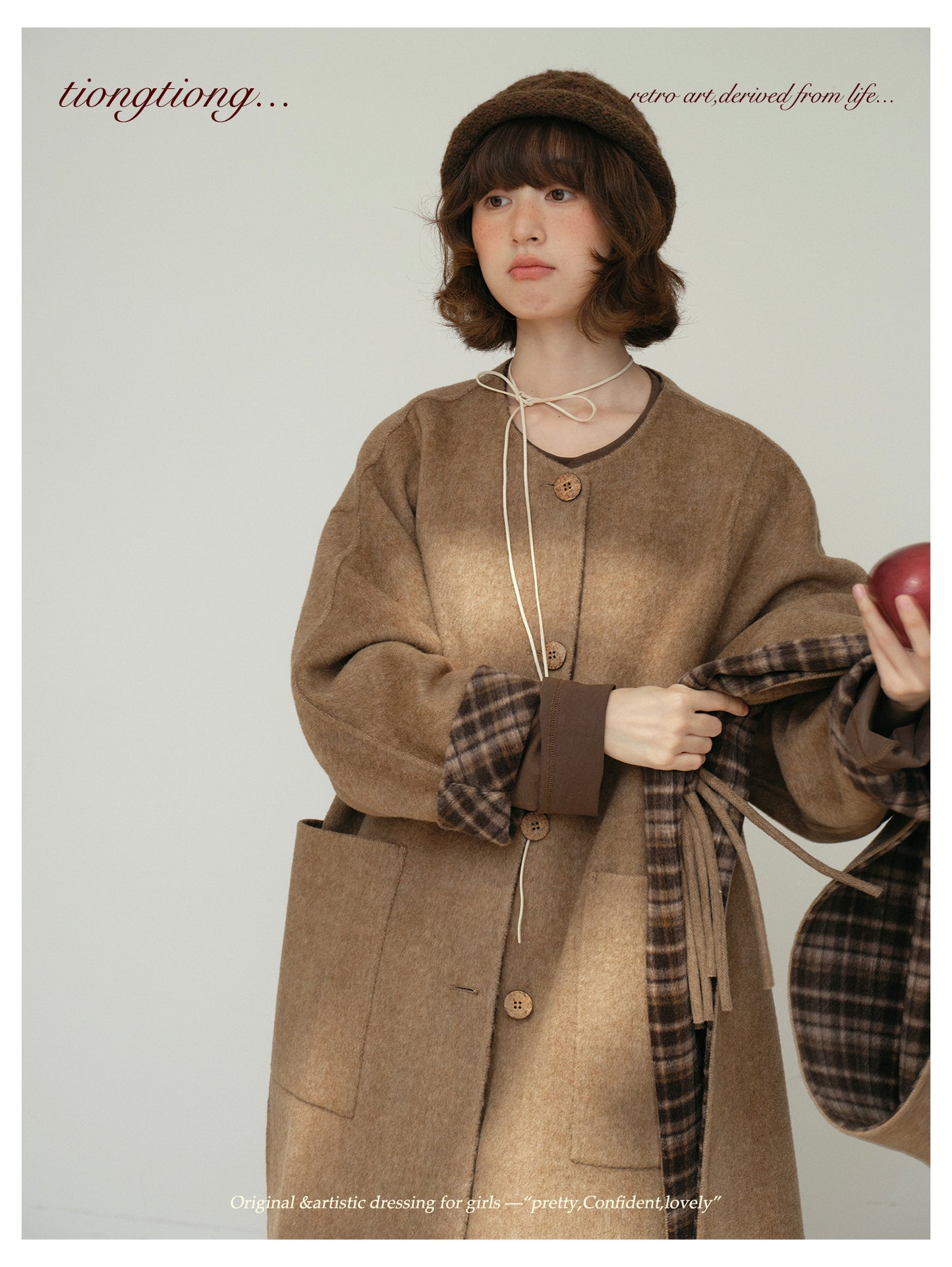 △リバーシブル ダブルフェイスウールで暖か ゆったり  ノーカラーコート△