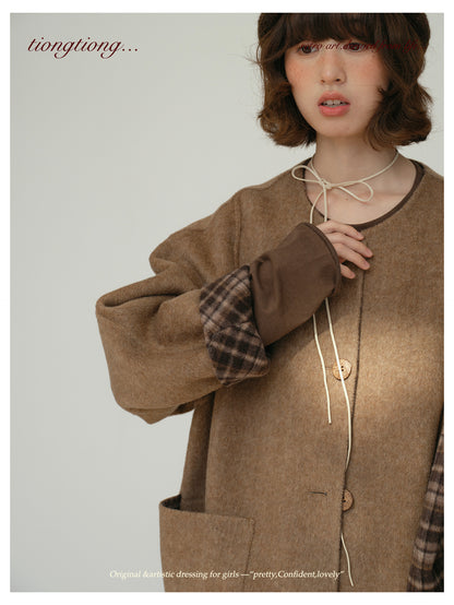 △リバーシブル ダブルフェイスウールで暖か ゆったり  ノーカラーコート△