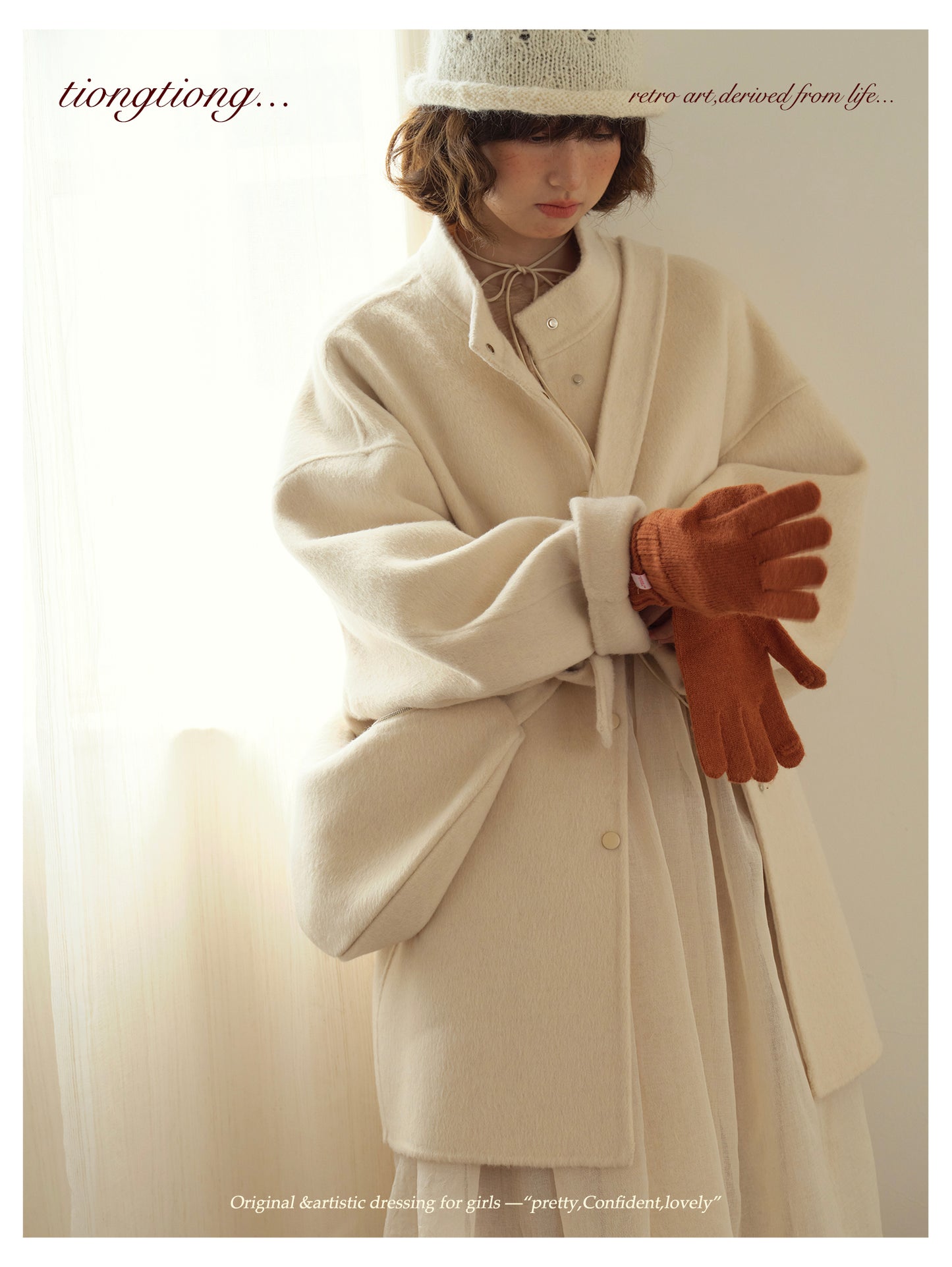 ２色展開△ダブルフェイスウール×キャメルで暖か ドロップショルダーゆったり  スタンドカラーコート△バッグ付き